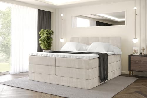 ALTDECOR Boxspringbett mit Matratze und Lattenrost, Topper, Polsterbett mit Bettkasten, Bett mit Stauraum H3- und H4- Matratze, Doppelbett, Springboxbett -LIRO KING-120x200 - Beige Casablanca