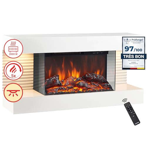 KAMINIO Cheminée électrique LIZ - Cheminée Murale avec Chauffage, Effet de Flamme 3D, lumière d'ambiance LED, télécommande (Blanc)