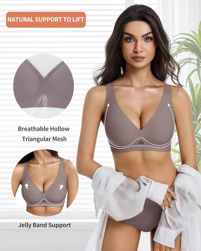 Aubrasen Deep V Wireless Seamless Push Up Bras for Women No Underwire Comfort Bralette for Everyday Wear Grey — view 3