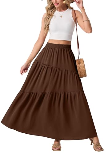 GRECERELLE Women's Floral Maxi Skirts Tiered A-Line High Waist Flowy Long Skirt Casual Summer Bohemian Dress with Pockets, Brown, 2XL — view 2