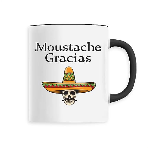 La French Touch Mug en Céramique Moustache Gracias - Imprimé en France - Tasse originale en céramique - Cadeau Anniversaire original rigolo (Noir)