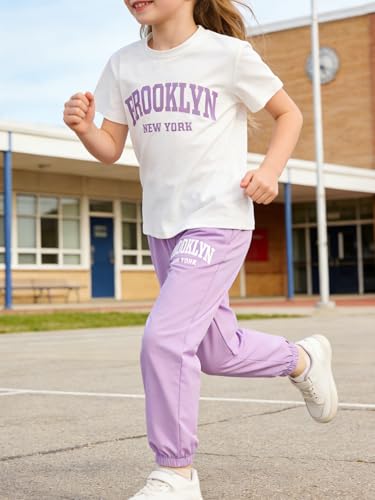 Image of Girls 6 Piece Outfits Casual Cargo Jogger Pants and Basic Love Graphic Print Short Sleeve Top Set 4-12 Years
