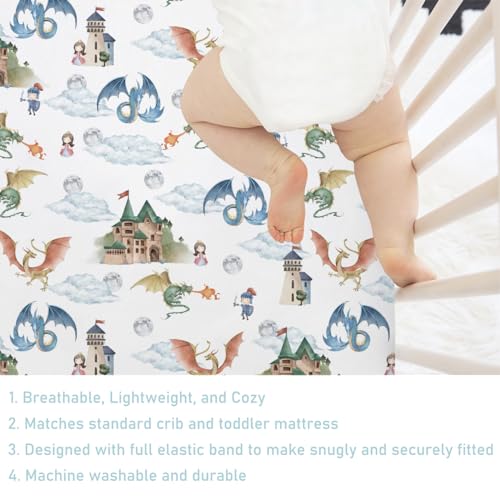 Image of Fairytale Dragons Castle Baby Crib Sheet 52''x28'' Cute Dragon Princess Knight Moon Clouds Stretchy Fitted Crib Mattress Cover for Boy Girl Bed Sheets for Standard Crib Toddler Mattress