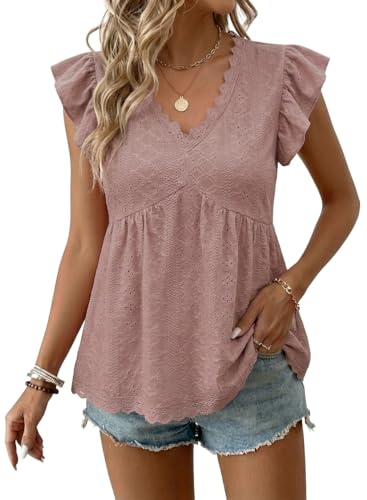 BLENCOT Peplum Tops for Women Trendy Lace V-Neck Ruffle Sleeveless Summer Hollowout Jacquard Crochet Blouse Boho Plus Size Maternity Shirts X-Large Rose Tan