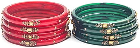 Swara Creations Traditional Glass Kada Bangles Set for women & girls Glossy Bangles Gemstone stone work Red Green Yellow Pink multicolor glass Kade
