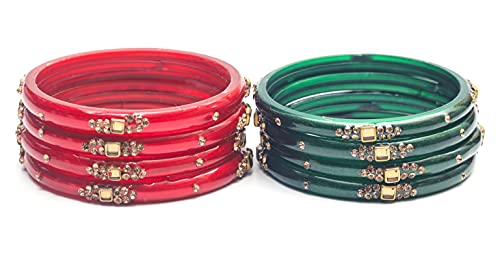 Swara Creations Traditional Glass Kada Bangles Set for women & girls Glossy Bangles Gemstone stone work Red Green Yellow Pink multicolor glass Kade