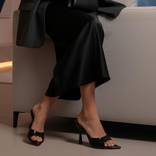 Image of Riekhany High Heel Mules for Women Slip On Open Pointed Toe Classy Patent Leather Stiletto Pumps Formal Slingback Mule Sandals Dress Walking Shoes
