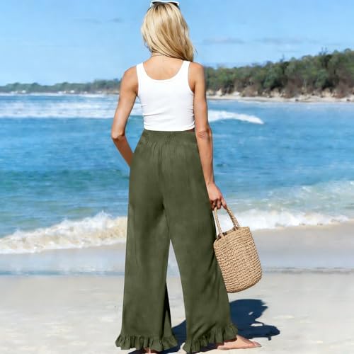 Image of Palazzo Pants for Women Linen Smocked Elastic Waist Ruffle Wide Leg Pants Summer Beach Flowy Boho Pant with Pockets