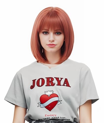 NJJYXH 14 Inches Ginger Wigs for Women Short Straight Bob Copper Red Wig with Bangs Auburn Synthetic Hair for Daily Use,Cosplay, Halloween