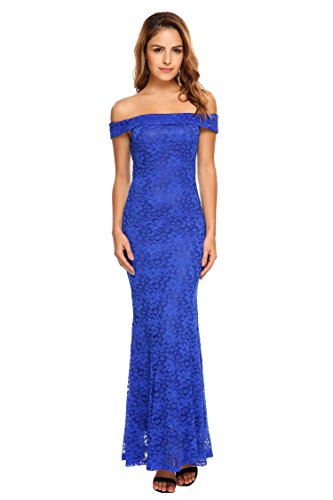 ACEVOG Women's Formal Floral Lace Cap Sleeve Evening Party Maxi Dress Royal Blue L