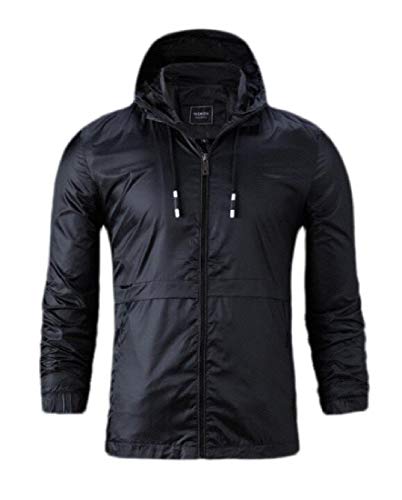 ouxiuli Men's Windbreaker Jackets Bomber Jacket Lightweight Zip-up Hooded Coat Black L
