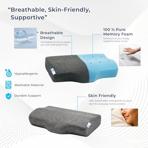 Image of CalmNest Anti-snoring Cervical 100% Memory Foam Pillow for Neck Pain & Shoulder Pain| Sleeping Pillow for Spondylitis Neck| Orthopaedic Ergonomic [1 x 22 White Foam & Gray Cover]