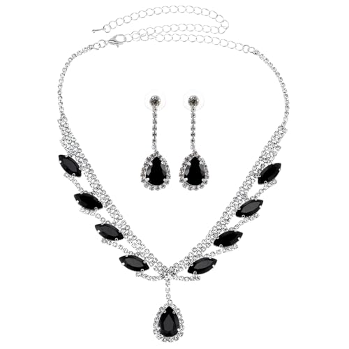 HekouJiub Strass Schmuckset für Damen Hochzeitsschmuck Schwarz Kristall Strass Halskette und Ohrringe Brautschmuck Set Halloween Halskette Modeschmuck für Damen Hochzeits Geburtstag...