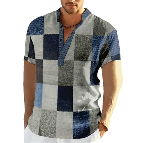 Men's Vintage Patchwork Color Block 3D Print Henley Shirts Man Stand Collar Short Sleeve T Shirt Male Tees Tops4