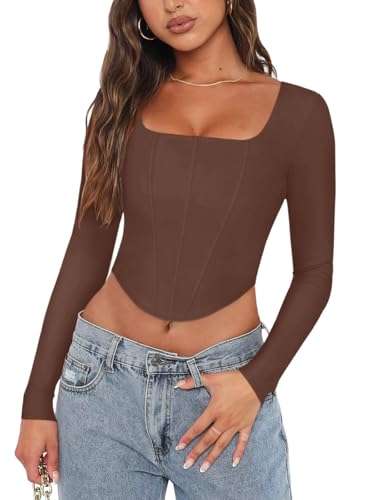 REORIA Womens Sexy Casual Square Neck Long Sleeve Backless Shirts Y2K Trendy Going Out Concert Outfits Boned Bustier Corset Crop Top Coffee Medium