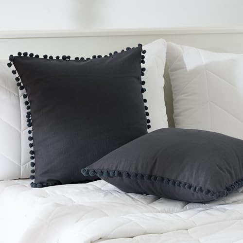 Image of 100% Cotton Pom Pom Cushion Without Filler, Elegant & Modern Cushion Cover for Living Room, Square Shape, 20 inchx20 inch, uni slub, Set of 5 - Charcoal Grey