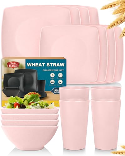 Teivio 16-piece Plastic Wheat Straw Square Dinnerware Set for 4 Unbreakable Dinner Plates Salad Plates Snack Bowls Tumblers 13.5 oz Dishwasher Safe Kitchen Dinning RV Essentials Pink