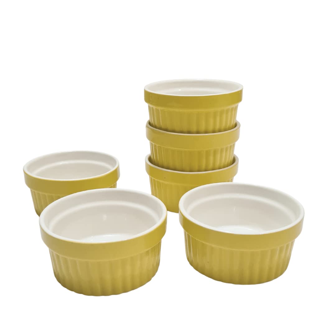 Bamby Ceramic Yellow And White Ramekin Bowl 200 ml Set of 6, Microwave & Dishwasher Safe, for Baking and Serving Cupcake, Souffle, Pudding and Dessert 4