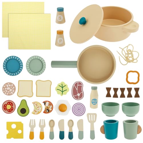 Wooden Play Cooking Set, 37 PCSKids Pretend Play Kitchen Accessories Toys Set for Kids Toddlers, Including Play Dishes, Pot and Pan, Utensils, Gifts for 3 4 5 Years Old Girls Boys