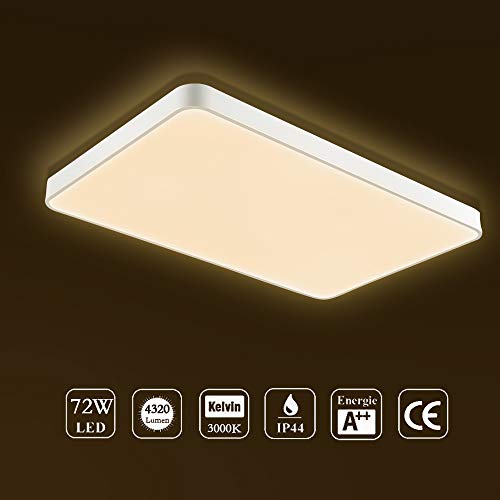 Ankishi LED 72W lámpara de techo resistente al agua, moderna LED luz de techo Cuadrado delgada 3000K, para baño Dormitorio Cocina Sala de estar Comedor Balcón Pasillo.(Blanco cálido)