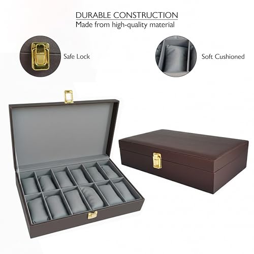 Image of MDF Unisex Faux Leather Watch Organiser Box with 12 Slots | Color: Brown