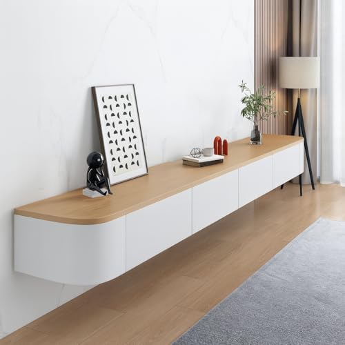 TULAZOU Meuble TV/Banc TV/Meuble TV Suspendu – Blank - 220cm – 2 Compartiments spacieux – Style Contemporain Meuble Salon - Bois + Blanc