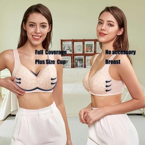 Image of No Underwire Lace Bras for Women Sponge Cup Front Closure Bra for Seniors Plus Size Full Coverage Bra No Wire Bras