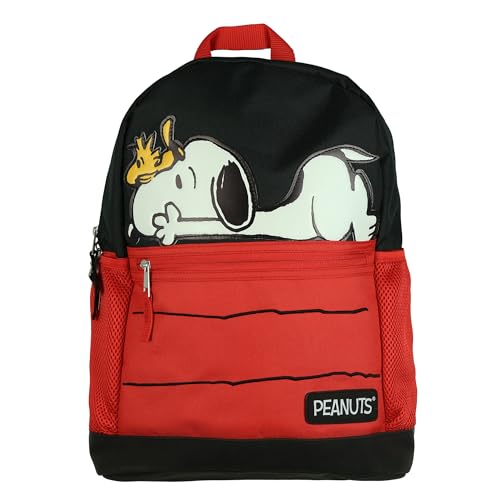 INTIMO Peanuts Backpack Snoopy & Woodstock Red Dog House 16 with Tech Sleeve Padded Adjustable Straps Book Bag