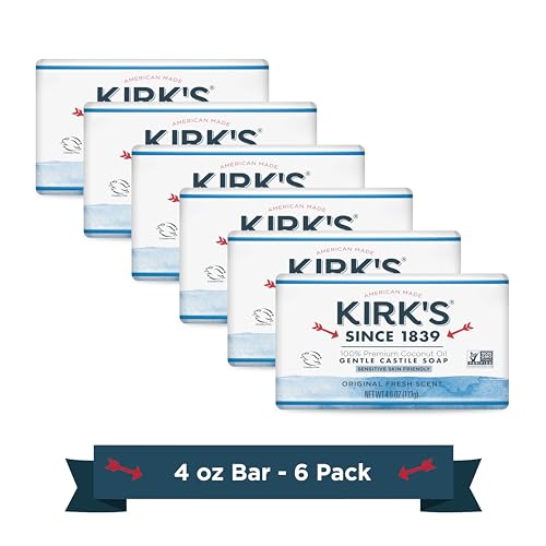 Kirk’s Castile Bar Soap Clean Soap for Men, Women & Children| Premium Coconut Oil | Sensitive Skin Formula, Vegan | Original Fresh Scent | 4 oz. Bars – 6 Pack