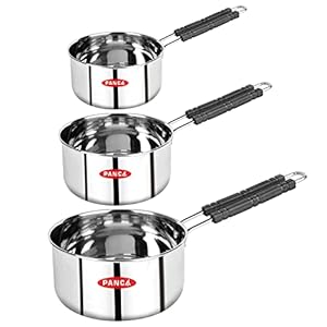 Panca Stainless Steel Sauce Pan Set of 3 Sauce Pan Milk Pan Tapeli Patila Induction Base 2 Litre,1.5 Litre, 1 Litre Milk Boiler Cookware with Handle