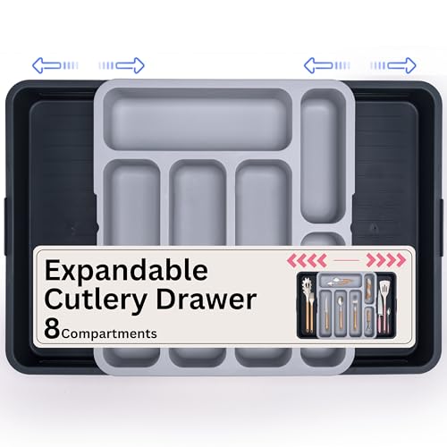 MyCulina Cutlery Drawer Organiser, Expandable Utensil Tray for the Kitchen, Adjustable to Fit Your Silverware and Flatware, Extendible Storage for Spoons Forks Knives, Flexible Size (Antra/Light Grey)