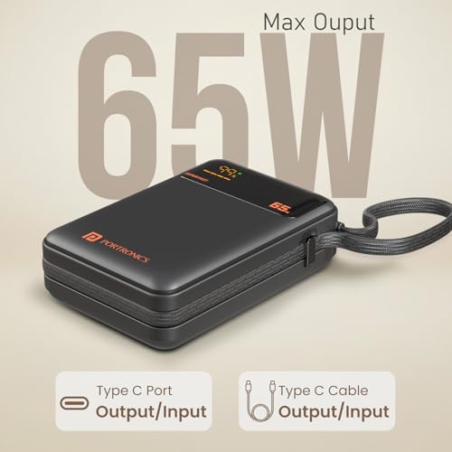 Image of Portronics 65W Ignis 65 20000mAh Fast Charging Powerbank with in-Built Type C Cable for Android Smartphones, iPhones, ipads, Tablets & Macbooks, Type C PD Port, LED Display, Strong Lanyard (Black)