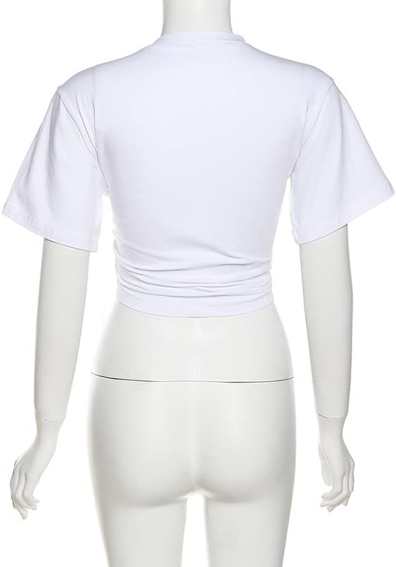 Miniatura 5 de LuFeng Blusa corta de manga corta con cordones para mujer, con estampado sexy, con bordado y lazo frontal, cuello en V