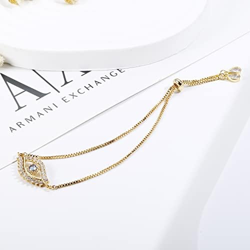 Kakonia 18K Gold Plated Evil Eye Bracelet for Womens Dainty Simple Handmade Bracelet Adjustable Slider Chain Bracelets Evil Eye Jewellery Gift