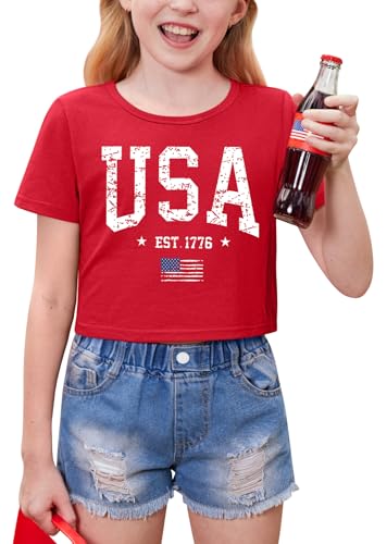 Image of BesserBay Kids Girls 4th of July Crop Tops American Flag Red White Blue Patriotic Bows USA Flag T-Shirts 6-14 Years