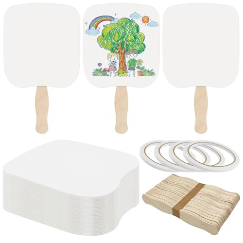 LOTMER 150 Pcs Church Fans Handheld Set, 100 Blank Cardstock Paper Fans with 50 Wavy Wooden Sticks, Paper Fan Handheld for DIY Painting Custom Fans (50 Set)