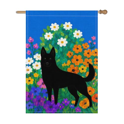 Wordatu Hello Summer Flower German Shepherd Garden Flag 28x40 Inch Vertical Double Sided Farmhouse Holiday Outside Decorations Yard Flag Spring and Summer Black shadow (18284)