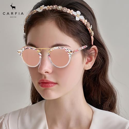 Image of CARFIA Small Face Acetate Polarized Sunglasses for Women UV Protection, Retro Double Bridge Eyewears Metal Brow Round Sunnies