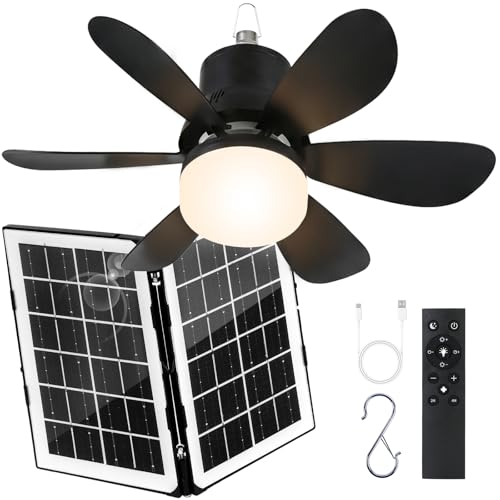 Portable Solar Ceiling Fan with Lights 18.5in Outdoor Fan with Foldable Solar Panel Remote Control Stepless Dimmable Timer 3 Speeds 30dB Tool-Free Setup for Camping Greenhouse Chicken Coop Black