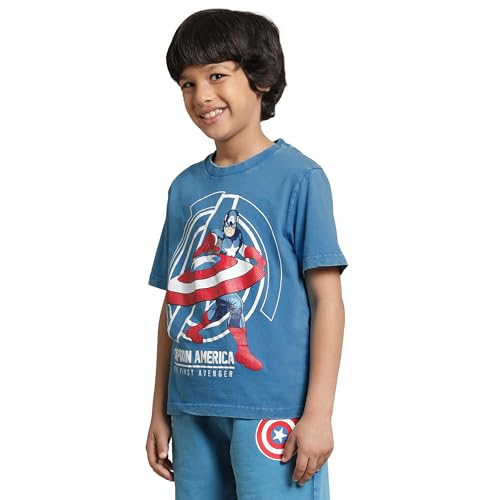 Image of Kidsville Captain America Printed Regular Fit Blue Cotton Boy's T-Shirt