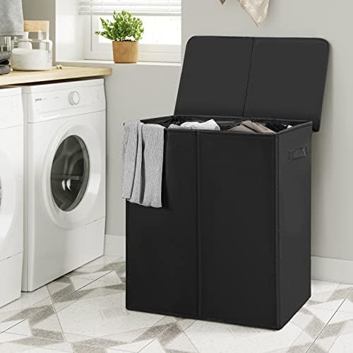 Chrislley 154L Double Laundry Basket with lid and Removable Laundry Bags Large Collapsible 2 Dividers washing basket with Handles for Bedroom Laundry Room Closet Bathroom College (Black)