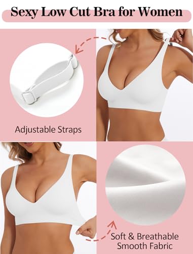 Image of Deep V Bra Wireless Sexy Push Up Bralette Padded Seamless Jelly Bra | Low Cut Plunge V-Neck, Wide Straps, Back Smoothing, Bras for Women No Underwire, Soft Comfortable Bralettes