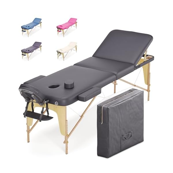 BELTOM® Table de Massage 3 Zones Classique Portables 180 x 56 cm. - ne pèse Que 13,2 kg. et avec Accessoires 15,5 kg. - Cosmetique lit esthetique Pliante Reiki + Sac - Noir