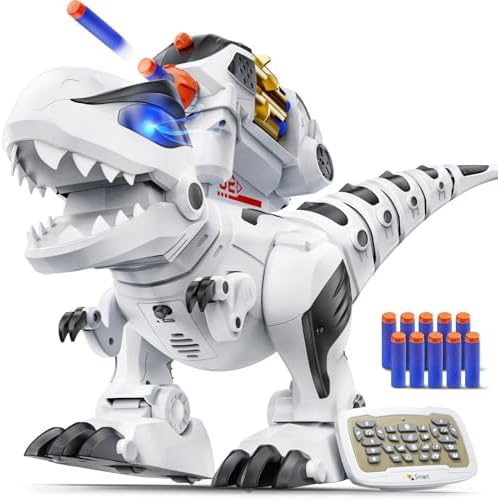 Ruko 8809 Großer Dinosaurier Spielzeug für Jungen Kinder, Darts, T-Rex Weiß | 31 cm hoher, Schaumstoff Pfeile, programmierbar, schießend laufend brüllend, Geschenk für Jungen Mädch