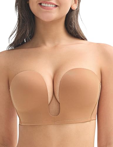 Image of Wingslove Women's Deep V Plunge Strapless Bra Multiway Push Up Low-Cut Bras Wireless Red Carpet Clear Back