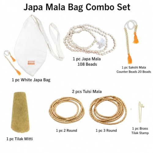 Image of Japa Mala Bag Combo Set | Complete Chanting & Meditation Kit for Daily Mantra Jaap | Pure Cotton White Gomukhi Chanting Bag with 108 Beads Japa Mala, 20 Beads Sakshi Counter Mala, 2 Round & 3 Round Tulsi Mala, Tilak Mitti & Brass Tilak Stamp