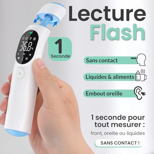Thermomètre Frontal et Auriculaire Infrarouge FARMAQO 4 en 1, Sans Contact Bébé Enfant Adulte, Bluetooth avec Application VitaConnect, Mesure en 1 Seconde, Alerte Fièvre 3 Couleurs, Garantie 3 Ans – vue 2