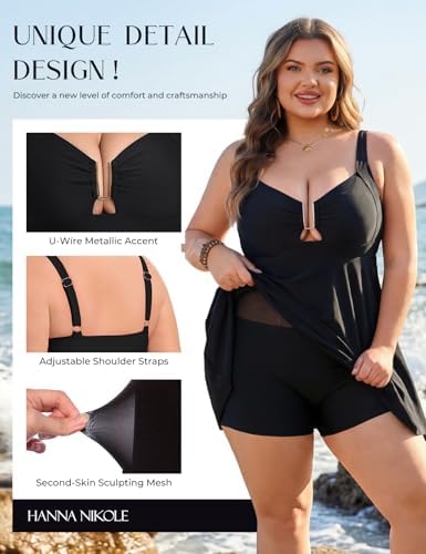 Hanna Nikole Women Plus Size One Piece Swimsuit Tummy Control Bathing Suit Flowy Black Swimdress Elegant Swimwear Beach 1X - 3