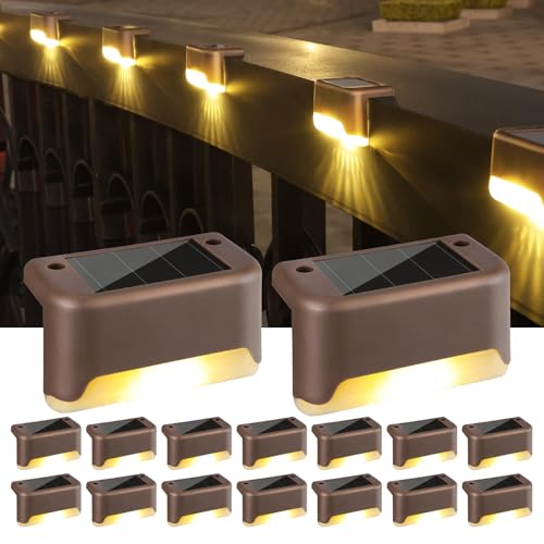 BrizLabs Luz Solar Jardin,16 Piezas LED Lámpara Exteriores Solares Escaleras Luces de Cubierta Impermeable Decoracion Terraza Exterior Iluminacion para Valla Deck Pared Escalón Patio, Blanco Cálido