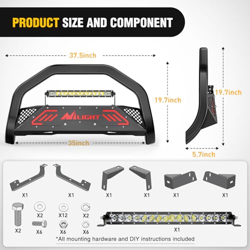 Image of Nilight Bull Bar with Light fits 2016-2022 Honda Pilot, 2017-2024 Ridgeline, 2018-2020 Odyssey, 2017-2022 Passport, 2014-2020 Acura MDX Front Bumper Grille Brush Guard w /Skid Plate Licence Plate Hole